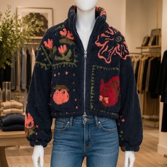 Cider Jackets & Blazers - Cider Womens Jacket Navy Blue Floral Fruit Sherpa Fleece Zip Up M